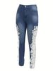 Women's Clothing Women's Skinny Fit Hollow Out Lace Contrast Jeans - Elegant Sky Blue Stretch Denim With Bootcut Hem For Stylish Everyday Wear_mkmklike.com