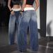 Women's High-Waisted Wide-Leg Jeans Retro Blue Denim Contrast Waistband Relaxed Fit Summer Casual Pants Sizes 26-31_mkmklike.com