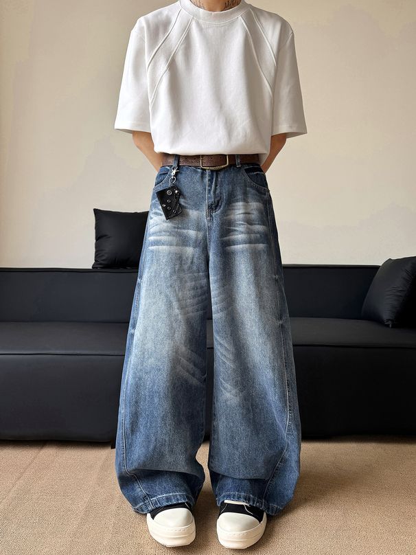Men's Clothing Street Washed Cat Whisker Wide Leg Scimitar Jeans For Men And Women, Handsome And Slim, Couple T Shirt, Sickle Pants Trend_mkmklike.com