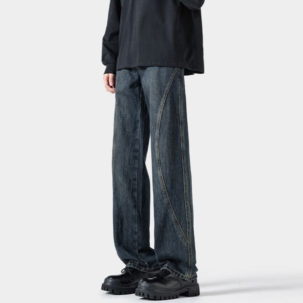 American Retro Patchwork Jeans For Men, Spring Trendy Vibe Loose Wide-leg Casual Pants, Stylish Straight-leg Trousers_mkmklike.com