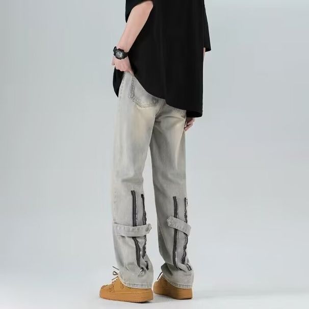 Slim Fit Straight Leg Jeans Zipper Design Washed Yellow Mud Dyed Casual Trousers High Street Style Midweight Softener Fabric_mkmklike.com