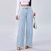 Women's High-Waisted Double Button Elastic Waist Wide Leg Jeans Light Blue Washed Casual Trousers_mkmklike.com