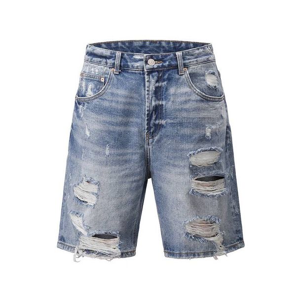 Men's Clothing High Street Destruction Cat Whisker Grinding Hole Denim Shorts Jeans_mkmklike.com