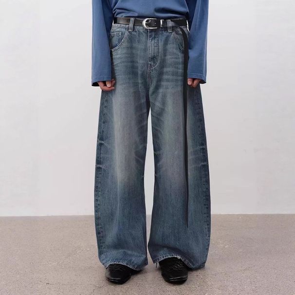 Men's Clothing Vintage Distressed Straight-Leg Jeans For Men & Women – Retro Blue Washed Denim With Artistic Fading & Unique Pocket Detailing (S-XXL)_mkmklike.com