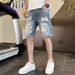 Men's Clothing Denim Shorts Summer Thin Loose Trendy Breeches Ripped Casual Five Point Mid Length Pants_mkmklike.com