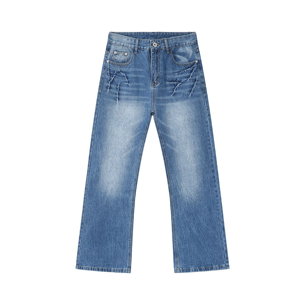 EF JEANS | 2024 New American High Street Whitening Lightning Crack Slightly Washed Light Blue Jeans Straight_mkmklike.com