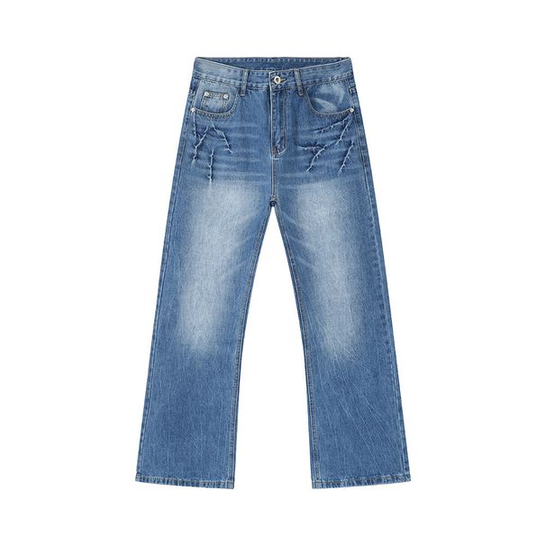 EF JEANS | 2024 New American High Street Whitening Lightning Crack Slightly Washed Light Blue Jeans Straight_mkmklike.com