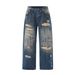 Men's Loose Straight Blue Washed Graffiti Distressed Jeans - High Waist Relaxed Fit Casual Denim Pants For Teens & Young Adults_mkmklike.com