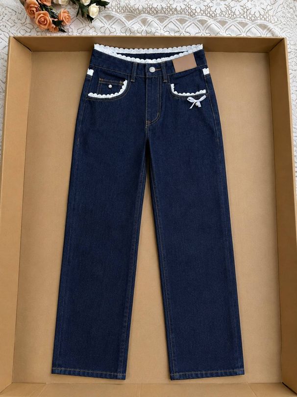Women's Clothing Retro Dark Blue Lace Jeans For Women Autumn Lace High Waist Straight Loose Trousers_mkmklike.com