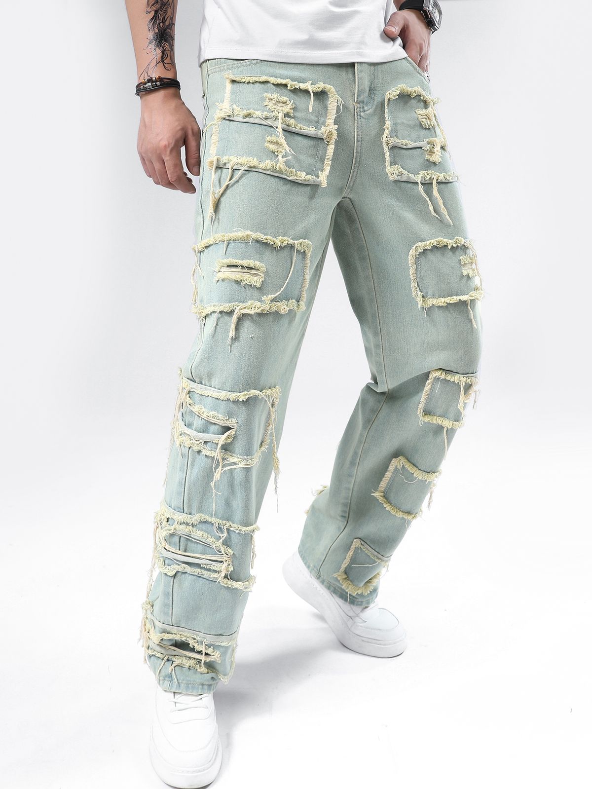 Men's Non Stretch Motorcycle Jeans Straight Leg Street Splicing With Frayed Edges And Holes Denim Pants Trendy Casual High Street Jeans_mkmklike.com