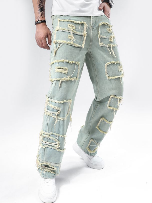 Men's Non Stretch Motorcycle Jeans Straight Leg Street Splicing With Frayed Edges And Holes Denim Pants Trendy Casual High Street Jeans_mkmklike.com