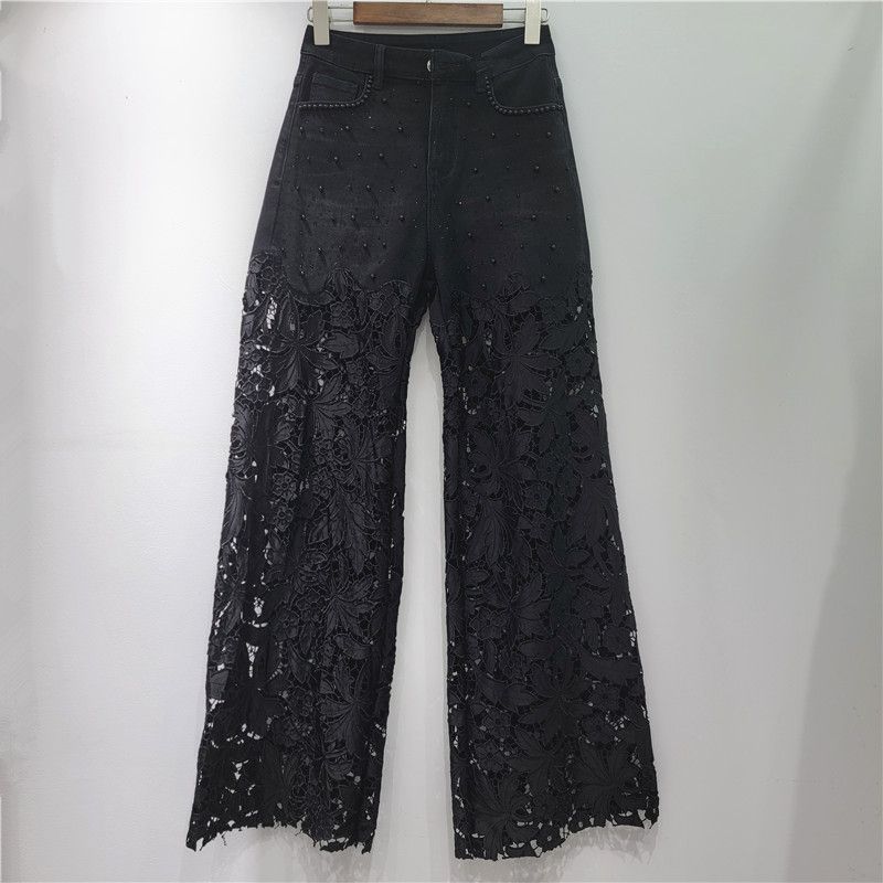 Summer New Design Lace Trim Hollow Out Straight Leg Jeans For Women, Slim Fit Casual Pants, High Waist, Stretch Denim, Streetwear Fashion_mkmklike.com