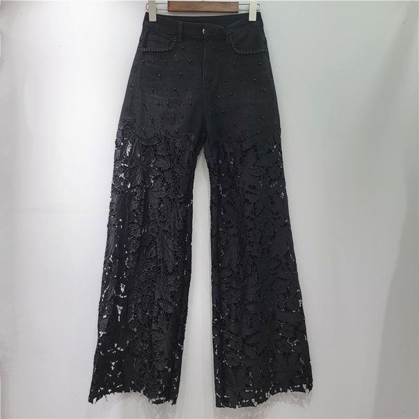 Summer New Design Lace Trim Hollow Out Straight Leg Jeans For Women, Slim Fit Casual Pants, High Waist, Stretch Denim, Streetwear Fashion_mkmklike.com