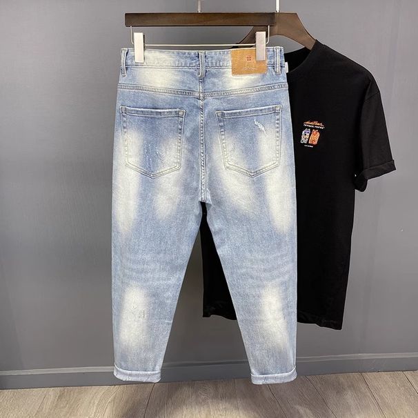 Blue Cropped Jeans For Men Slim Fit Casual Style Stretchy High Quality Suitable For Spring Autumn And Winter New Style 2025_mkmklike.com