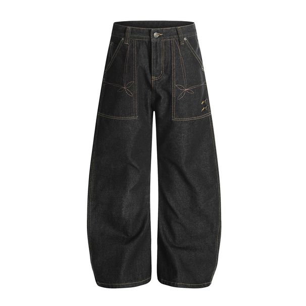 Original Color Denim Scimitar Men's Wide-Leg Loose Versatile High Street Trendy Design Stitched Pocket Cargo Long Pants_mkmklike.com