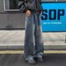Vintage Blue American-style Curved Hem Jeans For Men, Summer High Street Vibe, Washed Wide-leg Pants, Casual Slightly_mkmklike.com