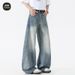 Sanmu Washed Curved Knife Jeans Men's Spring American High Street Loose Hanging Straight Casual Pants_mkmklike.com