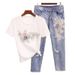 Women's Embroidery Beaded Sequined Three-dimensional Flower T-shirt + Ripped Nine-point Jeans_mkmklike.com
