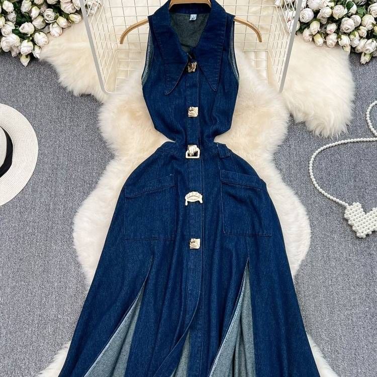 Women's Clothing New Retro Lapel Hollow Waist Revealing Sleeveless Single Breasted A Line Slit Denim Dress_mkmklike.com