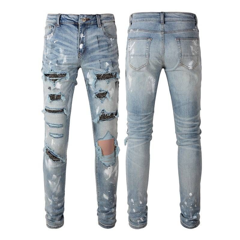 Men's Clothing Washed Cat Whisker Wrinkled Holes Splash Diamond Blue Elastic Slim Fit Skinny Jeans_mkmklike.com