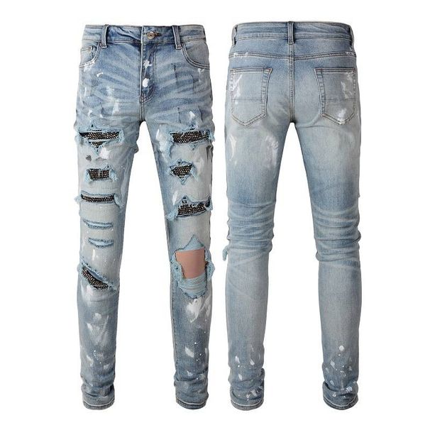 Men's Clothing Washed Cat Whisker Wrinkled Holes Splash Diamond Blue Elastic Slim Fit Skinny Jeans_mkmklike.com