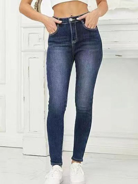 Women's High Waist Stretchy Fleece-Lined Skinny Jeans - Slim Fit Winter Pants With Elastic Comfort (Dark Blue)_mkmklike.com