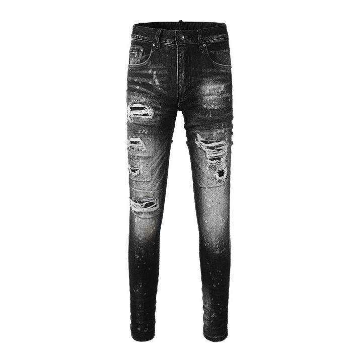 Men’S Slim Fit Ripped Jeans – High Street Black Denim With Patch Details & Stretch Comfort, Skinny Tapered Leg_mkmklike.com