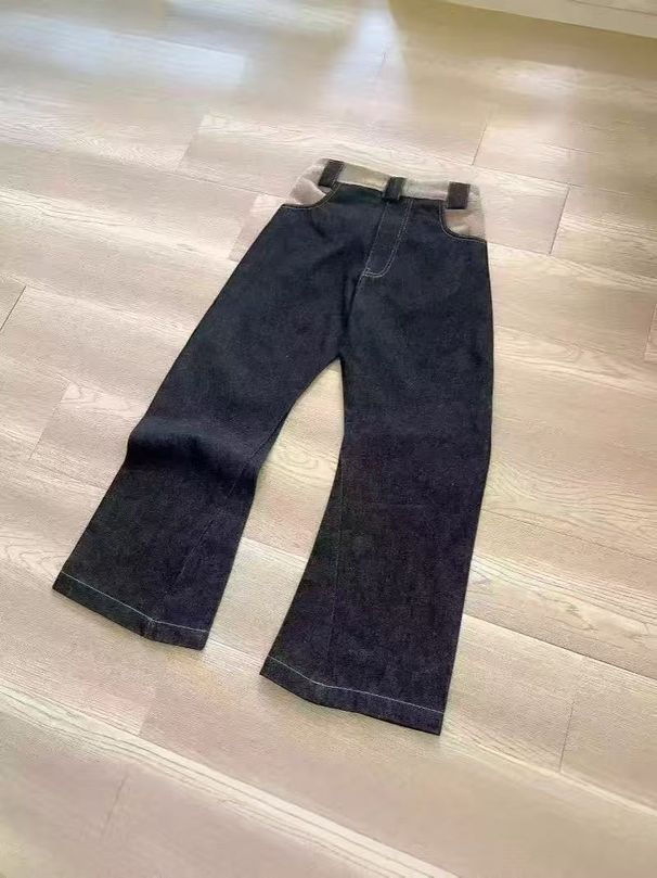 Unisex Raw Selvedge Denim Pants Wool-Blend Scarf Print Wide-Leg Trousers Straight Cut Washed Indigo_mkmklike.com