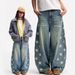 Women's High Waist Wide Leg Jeans Trendy Star Print Side Cutout Casual Cotton Hip Hop Style Loose Fitting Spring/Autumn_mkmklike.com