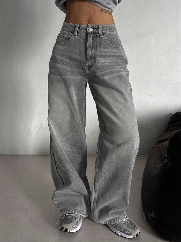 High Waist Cement Gray Jeans For Women – 90s Vintage Straight Leg Denim Pants (Retro High Street, Relaxed Fit, Cotton-Blend, S-XL, Narrow Hem)_mkmklike.com