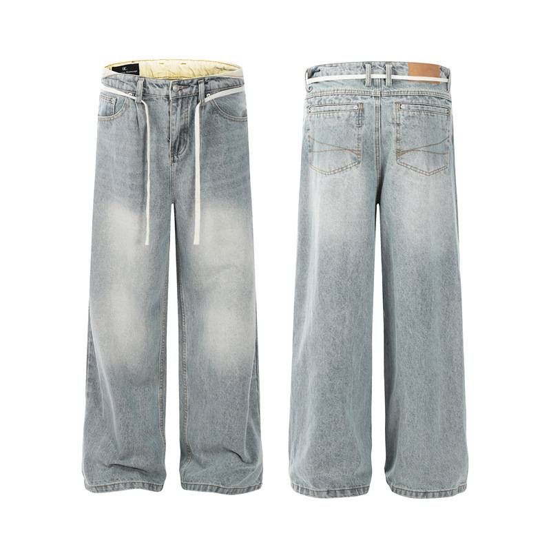 Men's Clothing Blue Distressed Denim Men's Loose Straight Drape Mopping Pants_mkmklike.com