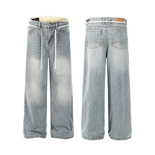 Men's Clothing Blue Distressed Denim Men's Loose Straight Drape Mopping Pants_mkmklike.com
