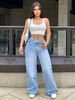 High Waist Comfort Stretch Washed Denim Pants For Women - Straight Leg Casual Trousers With Mid-Rise Elastic Waistband_mkmklike.com