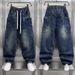 Men's Distressed Denim Jeans – Relaxed Straight Fit High Street Pants With Drawstring Waist (Blue, M-Xxxl)_mkmklike.com