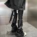 Gothic Waxed Coated Flared Jeans For Men – Y2K Streetwear Stacked Hem Wide-Leg Pants With Ribbon Accents (High Waist, Black, Distressed Finish)_mkmklike.com