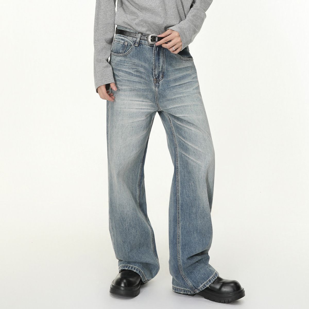 Men's Clothing Washed Distressed 3D Whiskered Texture Vintage Washed Wide-Leg Jeans – Relaxed Fit With Distressed Whisker Details, Timeless Blue Denim_mkmklike.com