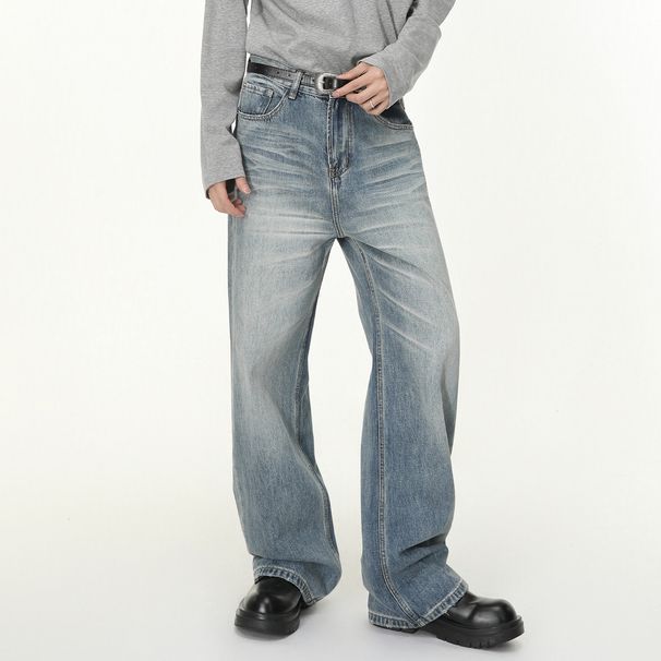 Men's Clothing Washed Distressed 3D Whiskered Texture Vintage Washed Wide-Leg Jeans – Relaxed Fit With Distressed Whisker Details, Timeless Blue Denim_mkmklike.com