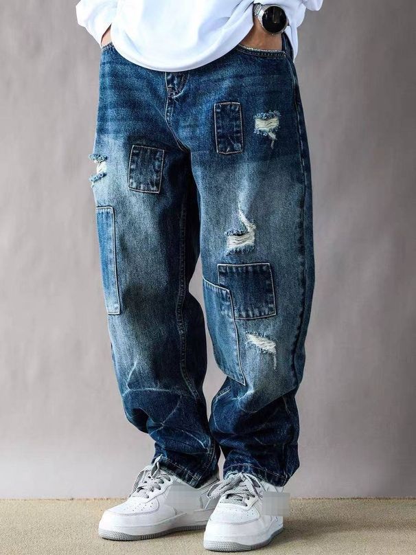 Streetwear Cargo Jeans – Distressed Washed Denim With Multi-Pocket Design & Slight Flare (M-Xxxl) – Unisex Baggy Workwear Pants_mkmklike.com