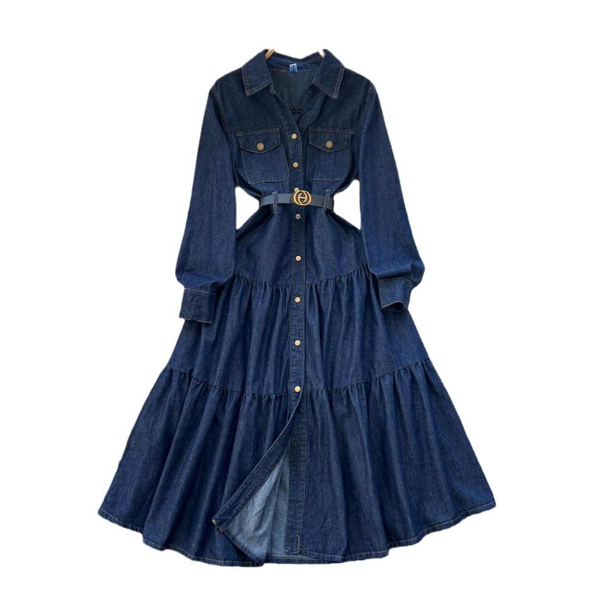 Spring Autumn 2027 High Quality Fashion European-USA Style Women High-End Elegant Lapel Single-Breasted Waist-Cinching Pocket Denim A-Line Dress_mkmklike.com