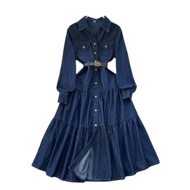 Spring Autumn 2027 High Quality Fashion European-USA Style Women High-End Elegant Lapel Single-Breasted Waist-Cinching Pocket Denim A-Line Dress_mkmklike.com