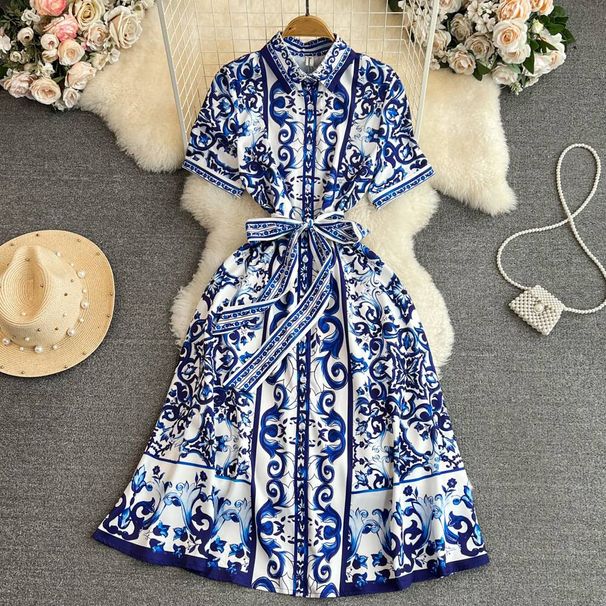 Women's retro palace style short-sleeved lapel waist slimming single-breasted celadon printed A-line shirt dress_mkmklike.com