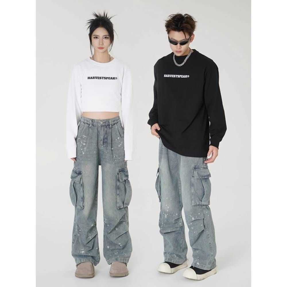 Men's Clothing Street Style Splashed Workwear Jeans Pockets Hip Hop Distressed Wide Leg Trousers_mkmklike.com