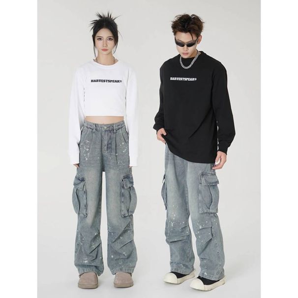 Men's Clothing Street Style Splashed Workwear Jeans Pockets Hip Hop Distressed Wide Leg Trousers_mkmklike.com