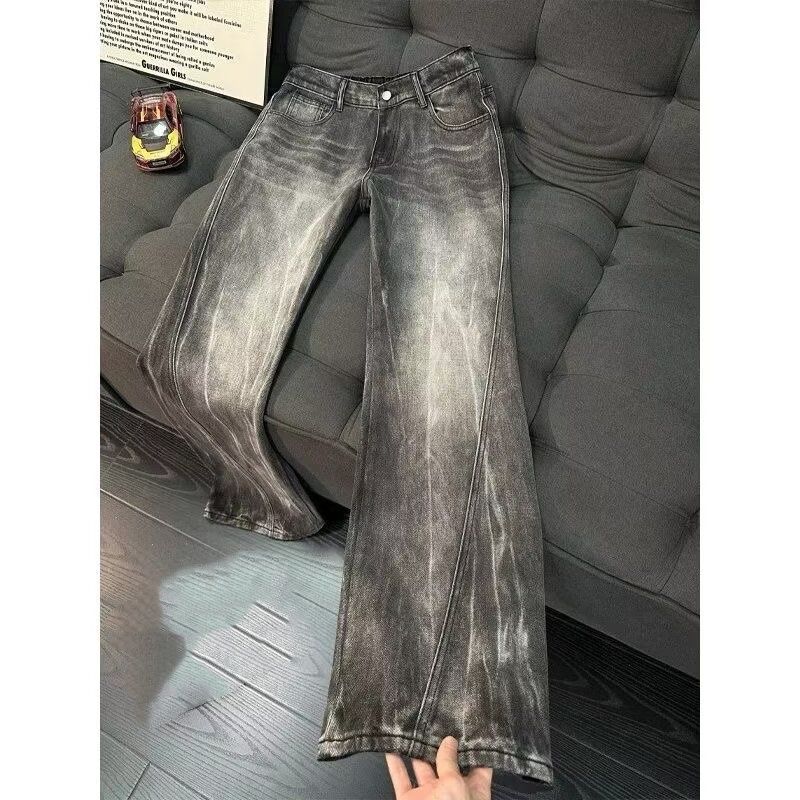 Men's Black Lightning Wash Slim Fit Straight Leg Jeans With Slight Flare For Autumn Winter Fashion_mkmklike.com