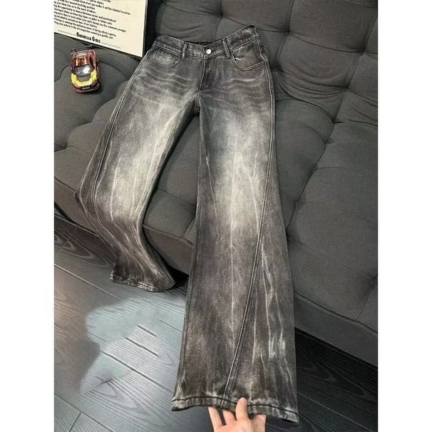 Men's Black Lightning Wash Slim Fit Straight Leg Jeans With Slight Flare For Autumn Winter Fashion_mkmklike.com