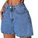 Classic Blue Denim Shorts For Women - Mid-Rise Straight Leg Summer Shorts With Button Detail, Comfort Stretch_mkmklike.com