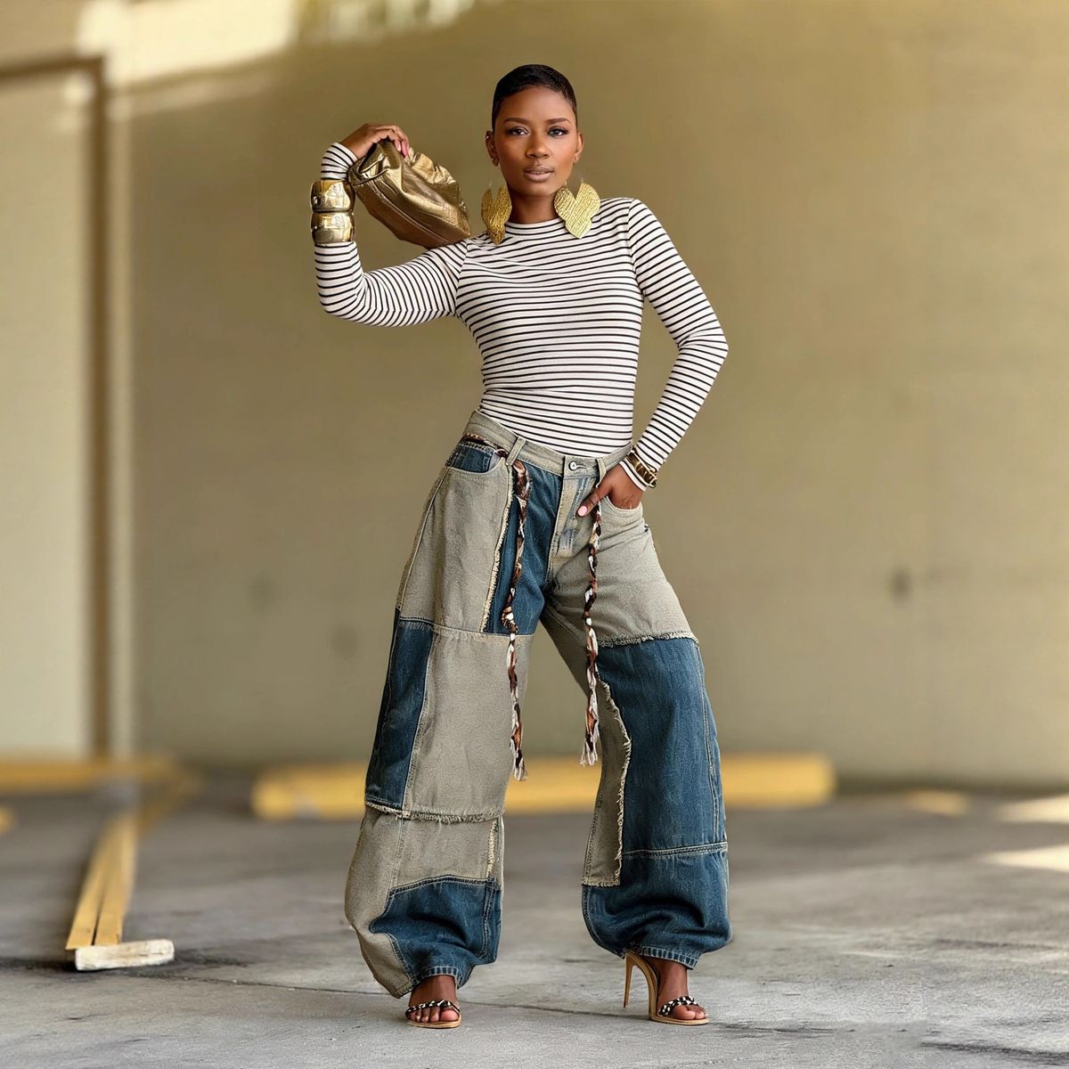 Women's Curved Edge Frayed Hem Jeans Two Tone Color Block Casual Cotton Denim Jeans With Belt Spring/Autumn Summer Collection_mkmklike.com