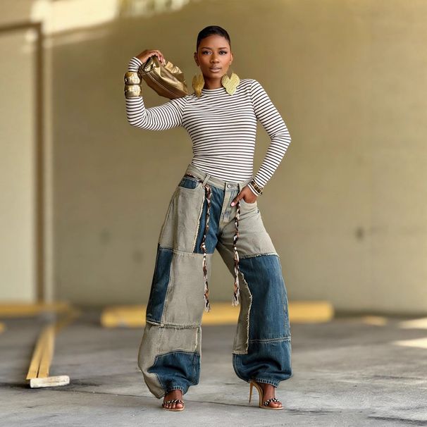 Women's Curved Edge Frayed Hem Jeans Two Tone Color Block Casual Cotton Denim Jeans With Belt Spring/Autumn Summer Collection_mkmklike.com