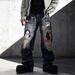 Men's Oversized Straight-Leg Jeans – Distressed Washed Denim With Graffiti Face Print & Fake Rips (Streetwear, Urban Style, Low Waist, Unisex Appeal)_mkmklike.com