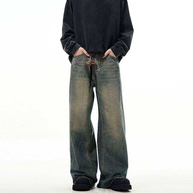 Men's Vintage Washed Straight Wide-Leg Jeans – Retro Clean Fit Cotton Denim Pants Men's Clothing_mkmklike.com
